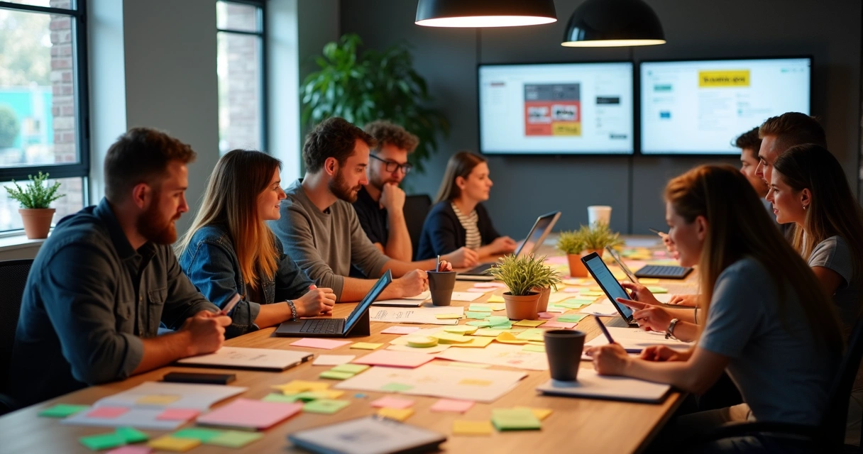 Equipe de design trabalhando junta em uma mesa. 