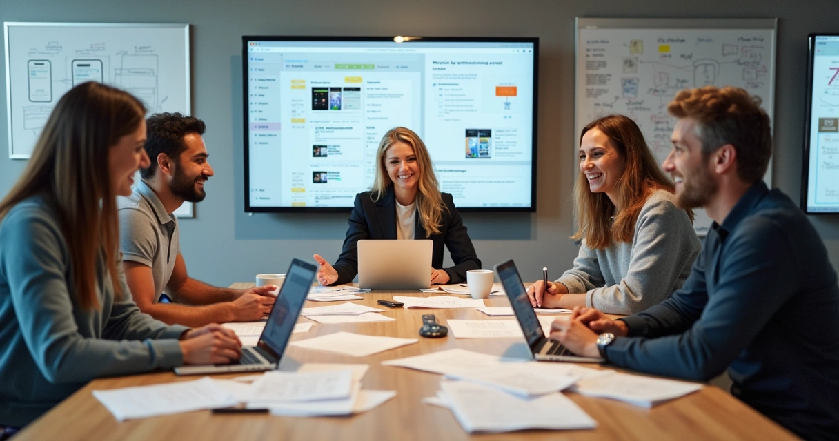 Equipe multidisciplinar reunida em mesa desenvolvendo apps no computador 