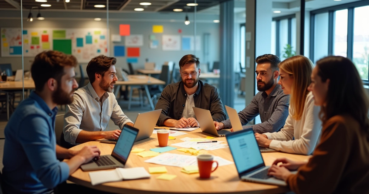 Grupo de pessoas diversas reunidas em mesa redonda com computadores, post-its e quadros de ideias 