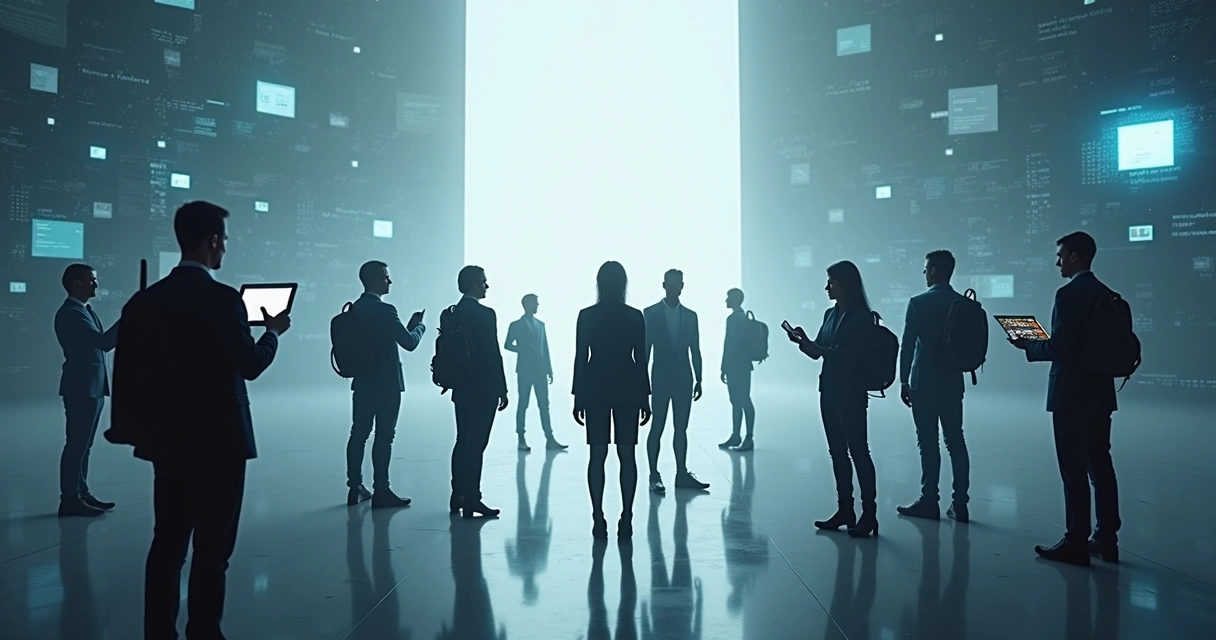 Pequeno time em layout circular, pessoas com diferentes devices, elementos digitais, símbolo de mobilidade e integração de skills 