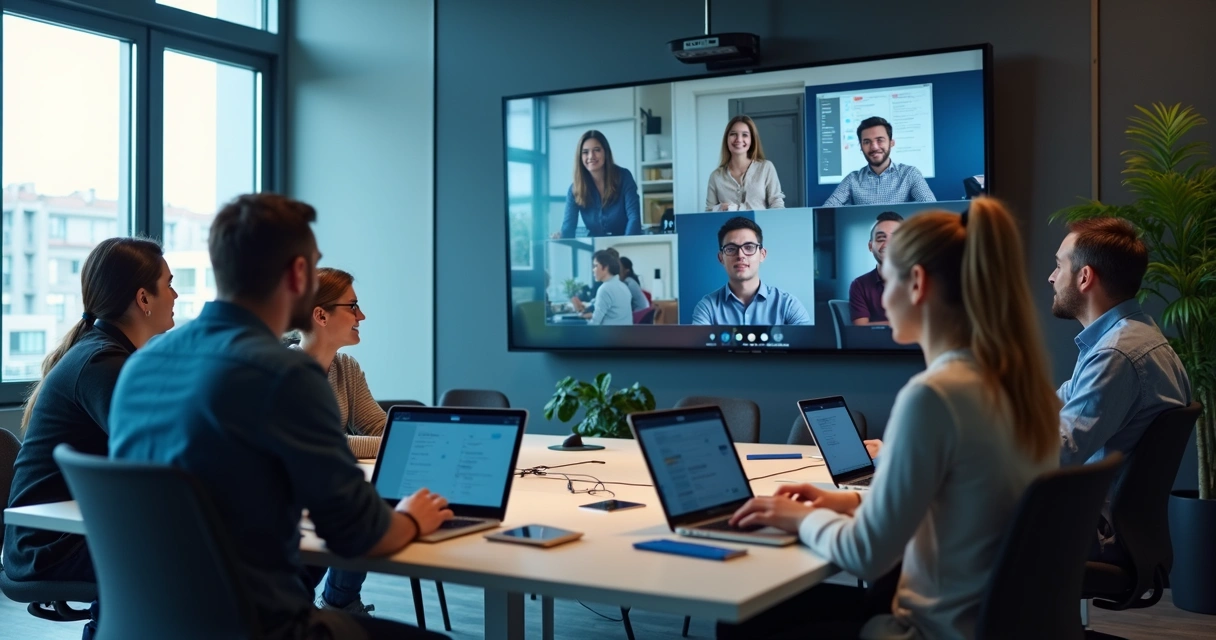 Squad híbrido em reunião com tela compartilhada e membros remotos