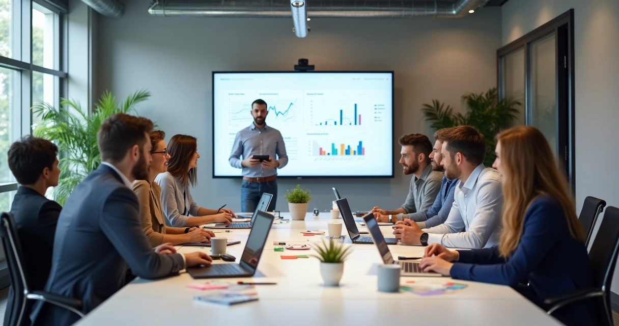 Equipe de marketing, vendas e tecnologia reunida em mesa de reunião 