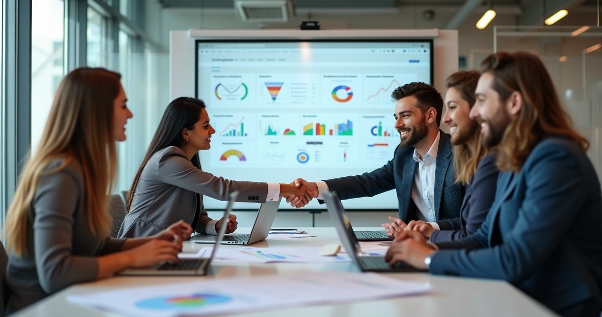 Equipe de marketing e vendas integradas em reunião 