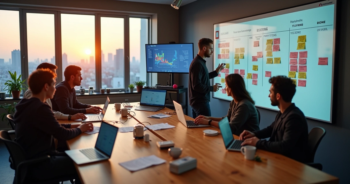 Lider de produto explicando quadro kanban para squad em mesa compartilhada 
