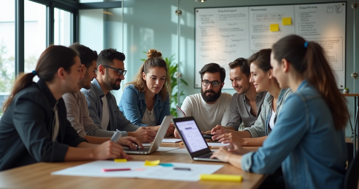 Equipe de desenvolvimento reunida em volta de uma mesa discutindo um projeto em tablets e notas autoadesivas. 