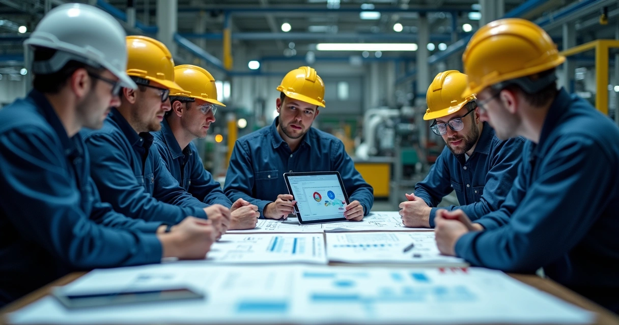 Squad multidisciplinar industrial reunido discutindo dados e processo produtivo 