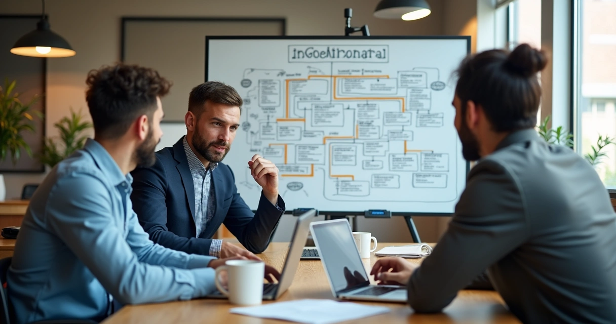 Equipe multidisciplinar discutindo frente a quadro branco com fluxograma de InfoSaaS 