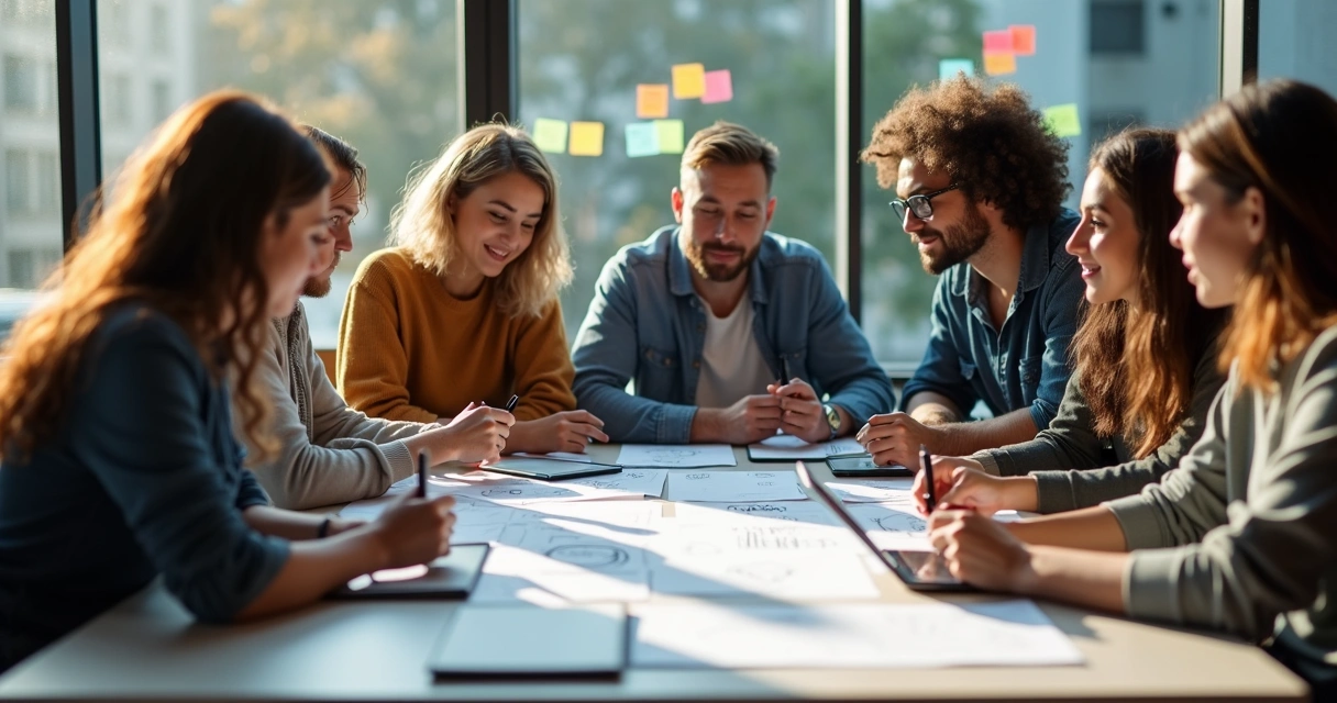 Equipe diversa reunida ao redor de uma mesa discutindo ideias. 