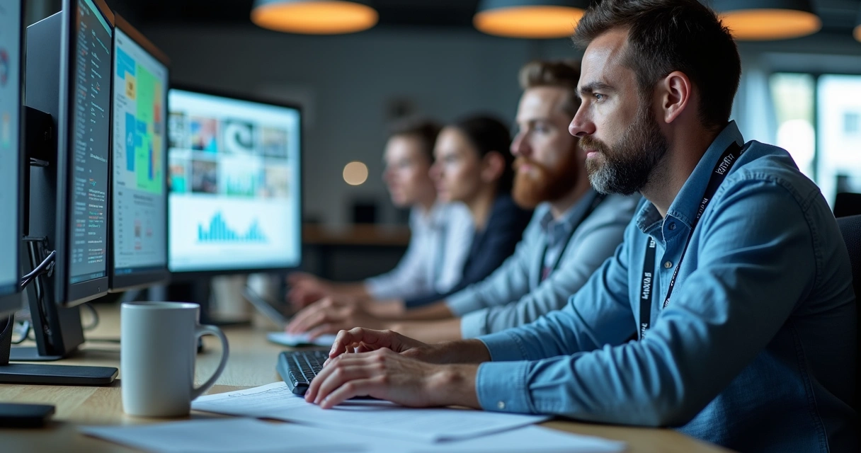 Squad de TI terceirizado reunido em escritório, colaborando em bancada com computadores e telas de projetos 
