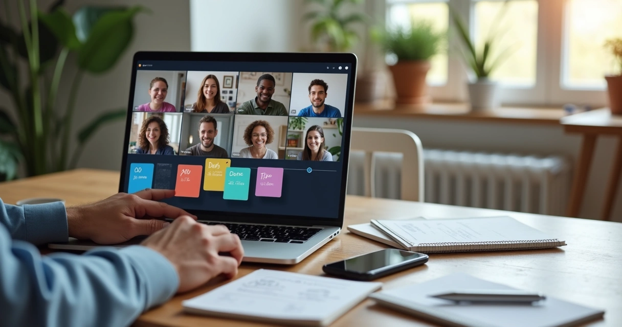 Squad remoto em reunião online alinhando tarefas em um quadro digital 