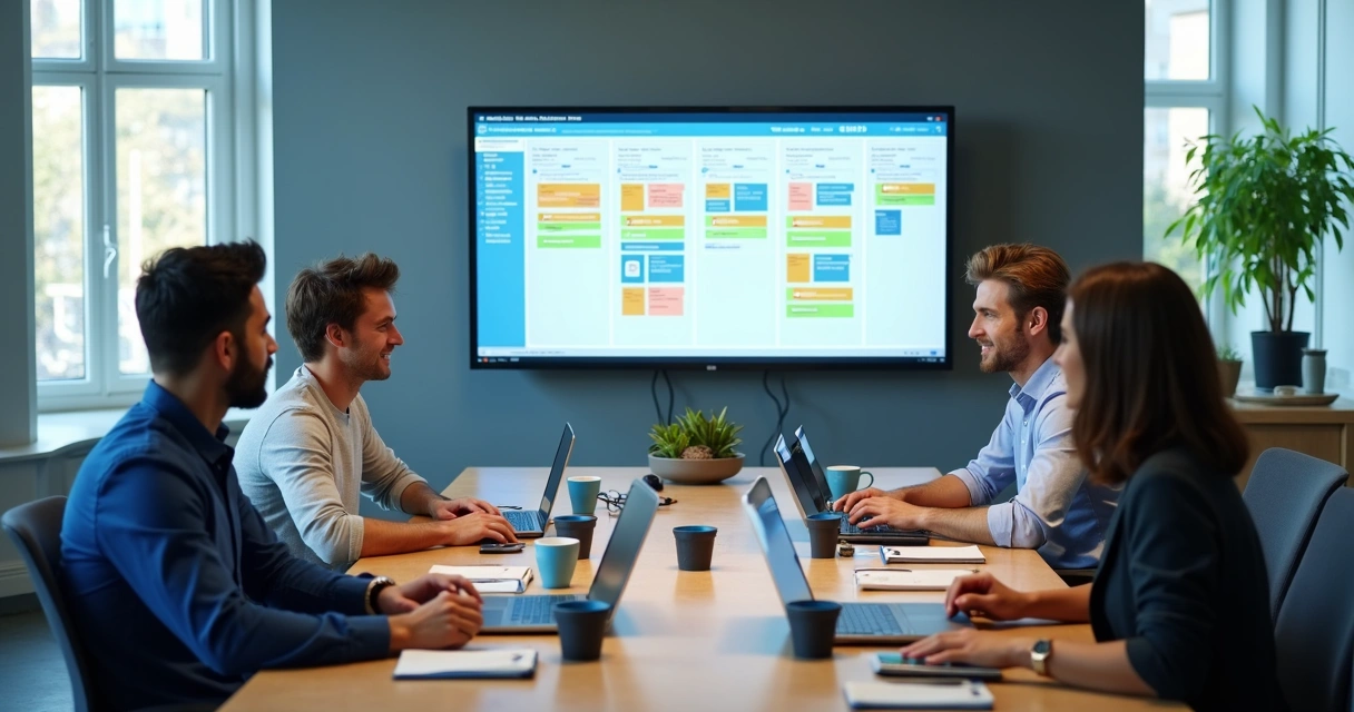 Squad de TI reunido em planejamento ágil com kanban digital 