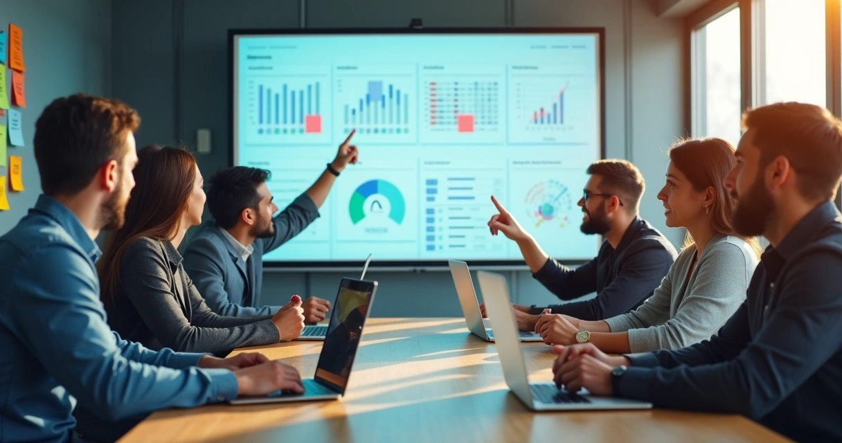 Equipe tech debatendo ferramentas de software em notebooks