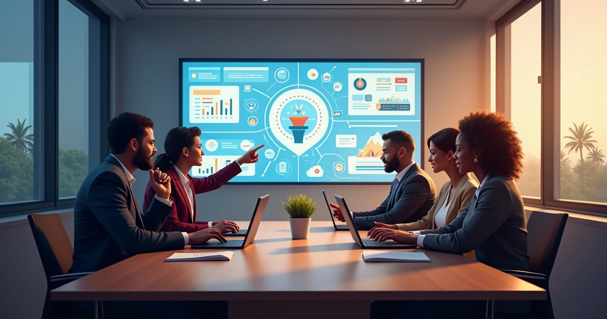 Equipe de RevOps reunida à mesa de trabalho, analisando dashboards e discutindo processos