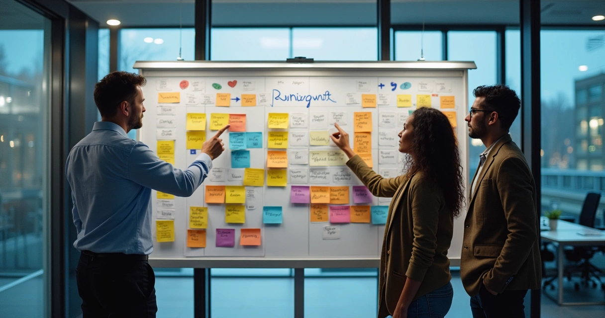 Equipe de TI trabalhando em frente a quadro kanban colorido 