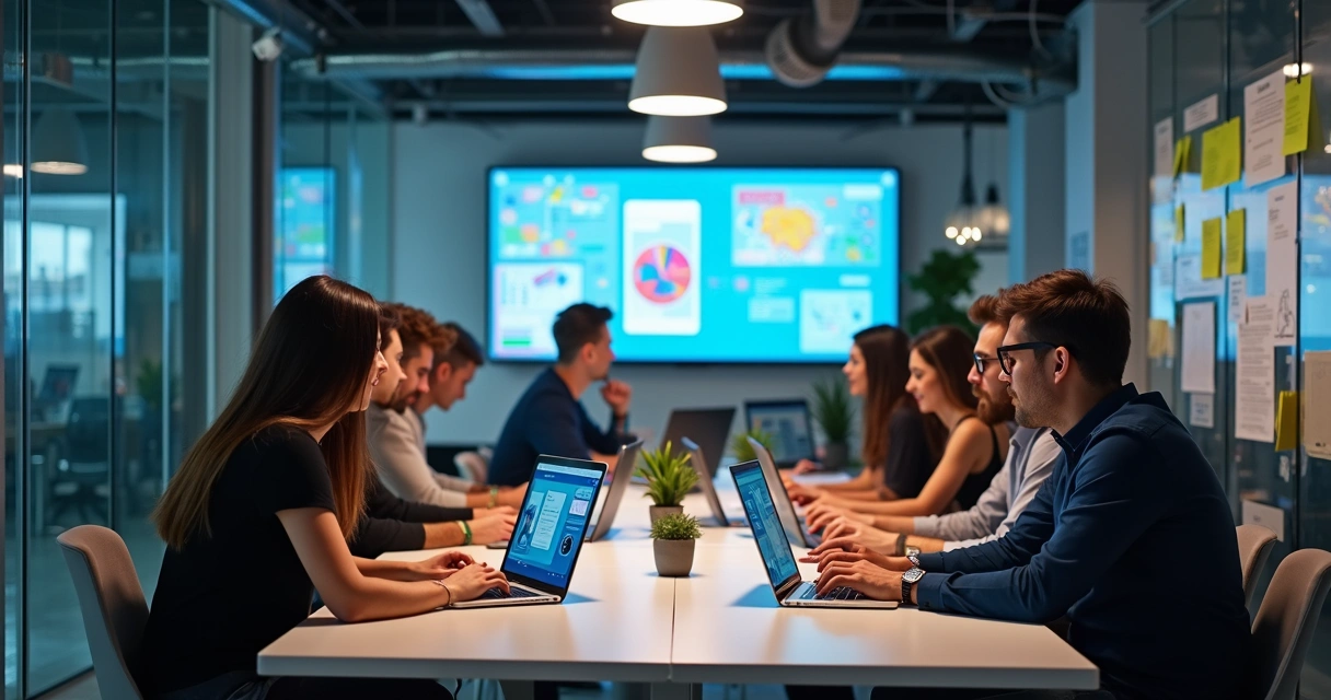 Equipe de startup desenvolvendo aplicativo no escritório