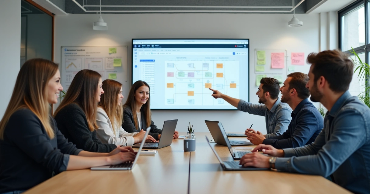 Profissionais de tecnologia reunidos em reunião em mesa oval com notebooks e tablets 