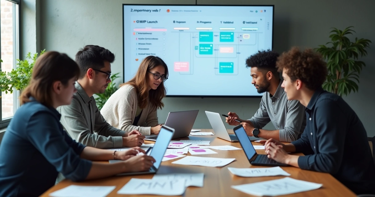 Squad de tecnologia colaborando em volta de uma mesa com painel digital de MVP ao fundo 