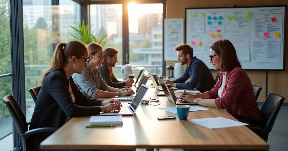 Equipe multidisciplinar de tecnologia reunida ao redor de mesa colaborando em projeto digital com laptops e tablets 