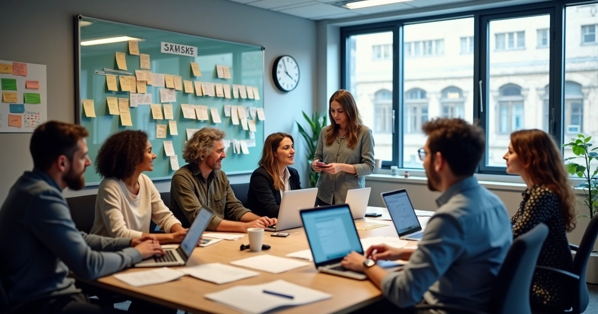 Equipe de desenvolvimento de TI trabalhando em computadores em ambiente colaborativo 