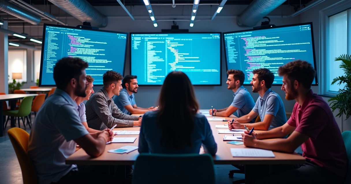 Equipe de TI híbrida reunida, profissionais internos e externos trocando ideias em um coworking 