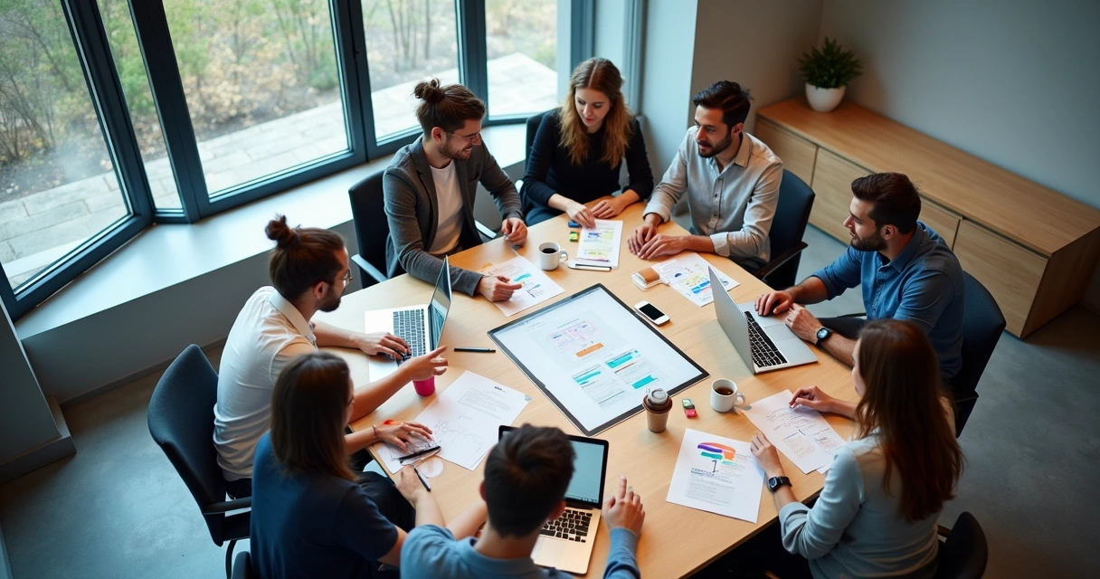 Equipe de UX e tecnologia reunida em sessão de trabalho
