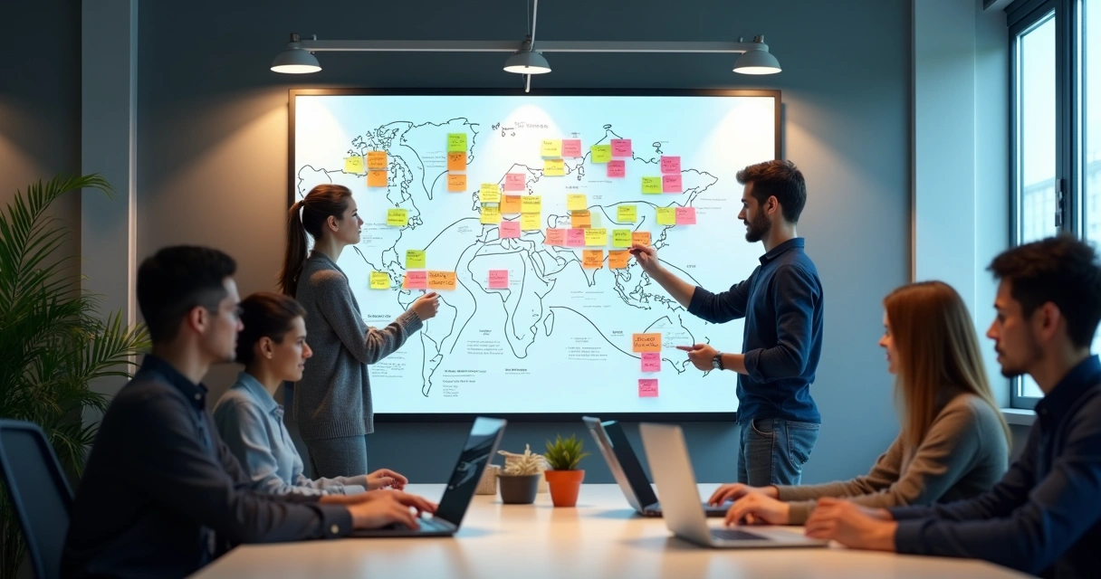Equipe de TI colaborando em arquitetura de microserviços 