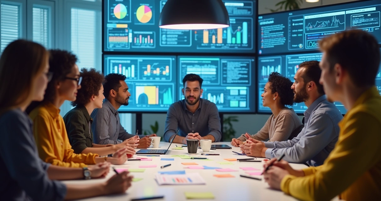 Equipe multidisciplinar reunida revisando automações em telas