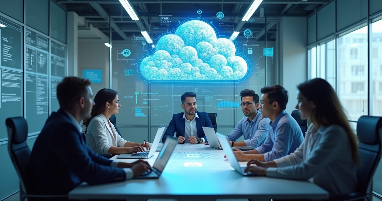 Squad de tecnologia colaborando em ambiente digital na nuvem 