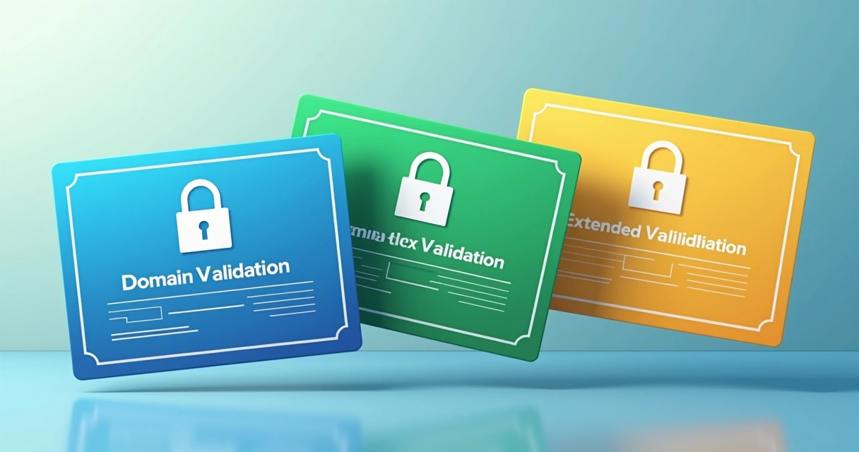 Three types of SSL certificates on colored backgrounds. 