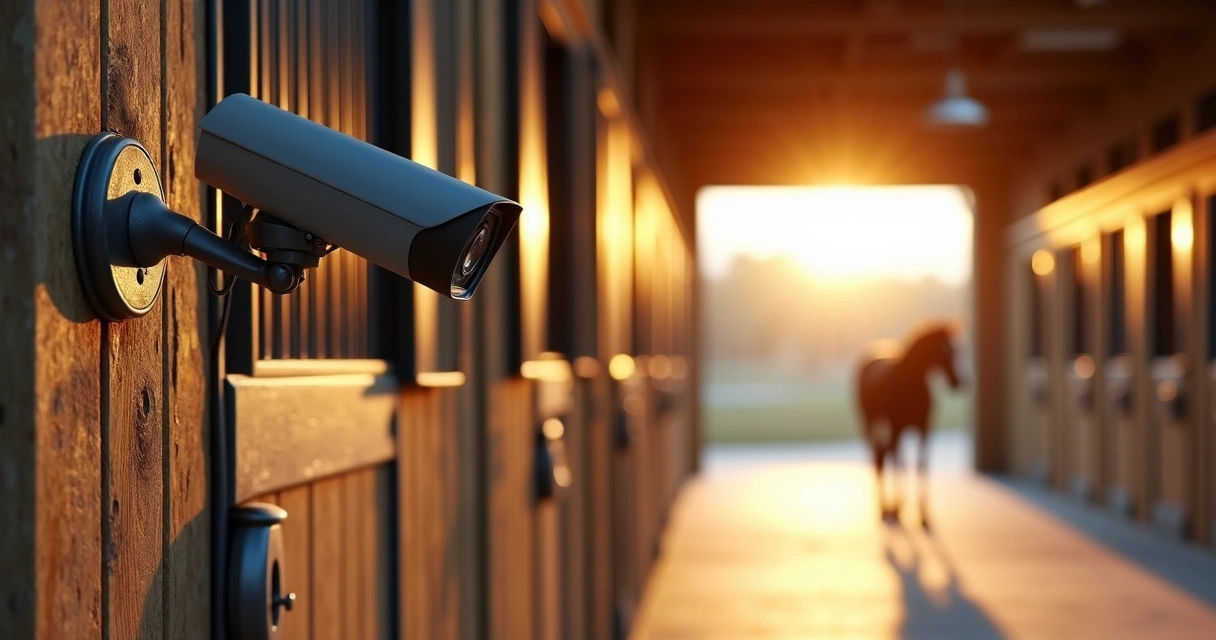 Surveillance camera mounted on stable wooden wall overlooking horse stalls at sunset 