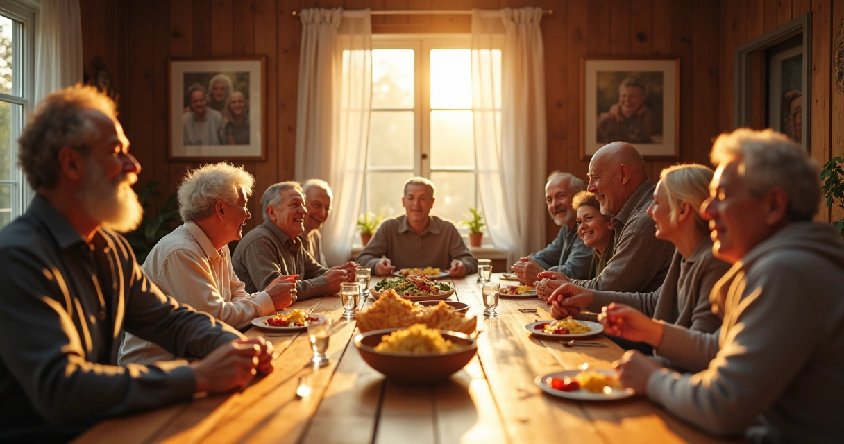 Stable family sharing dinner at a long wooden table 