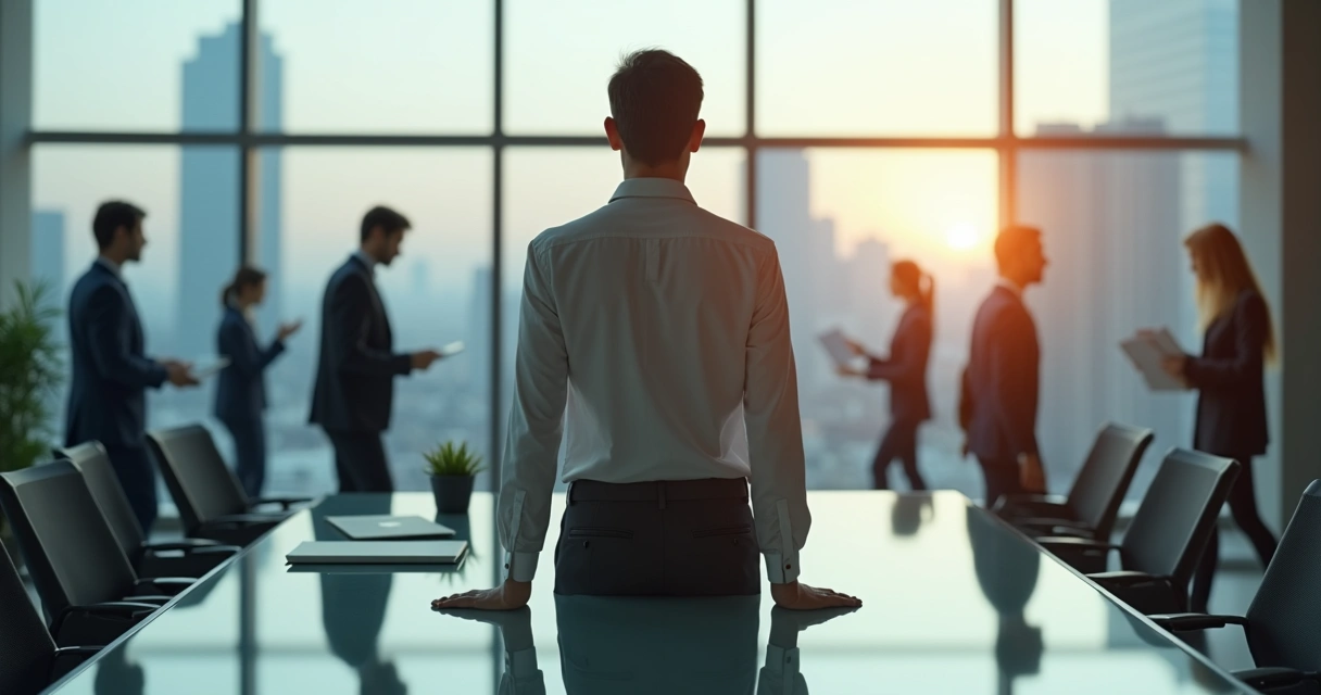 Calm leader standing steady in a busy modern office during change 