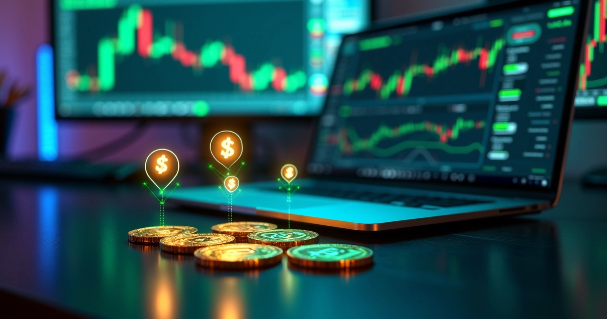 Moedas digitais douradas com símbolo de dólar ao lado de laptop exibindo bot de trading 