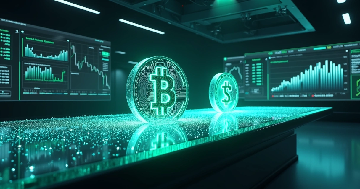 Símbolos de USDC e USDT sobre fluxo de dólares digitais em alta 