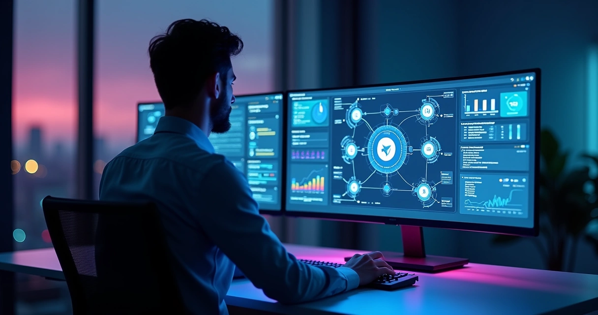 Profissional analisa painel digital com várias ferramentas de automação de marketing conectadas 