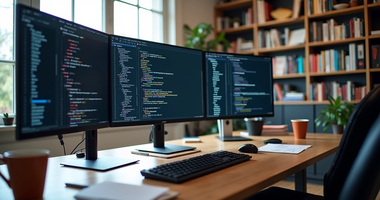 Developer desk with multiple screens displaying code for front-end and back-end tasks