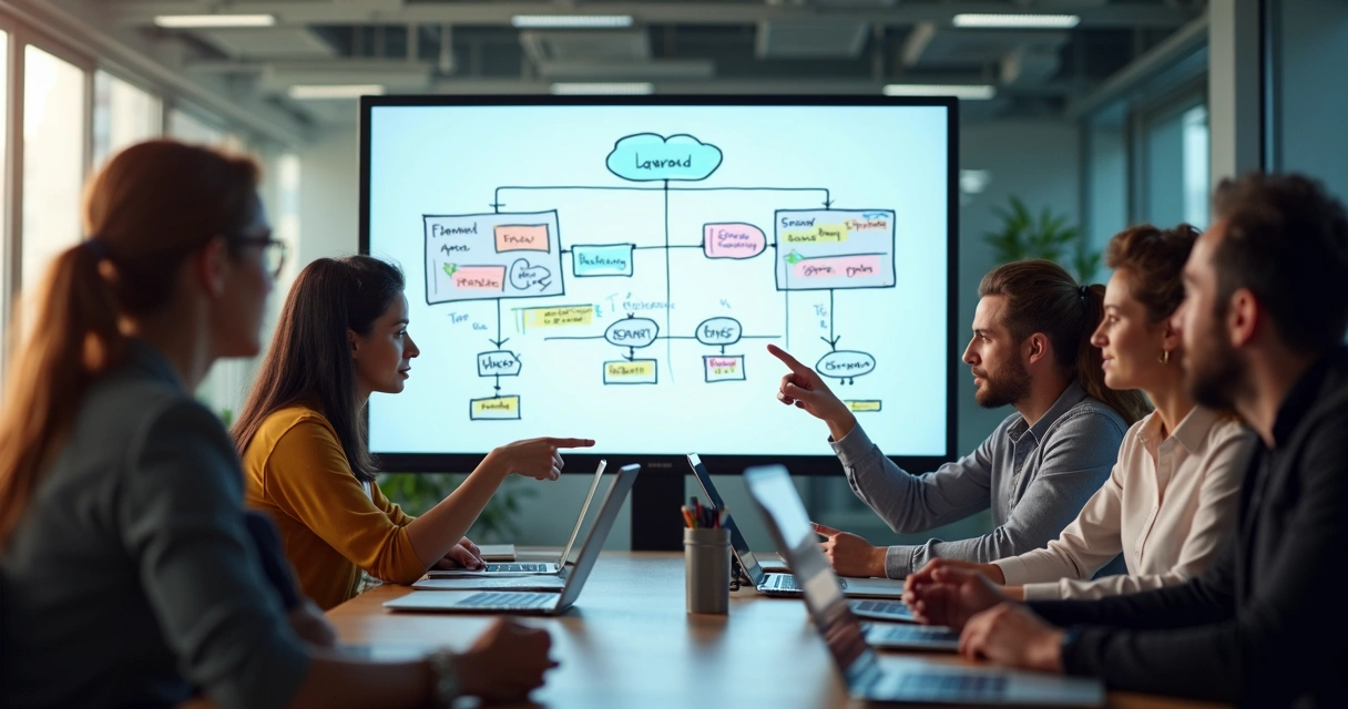 Equipe discutindo escolhas de stack tecnológico com quadro digital ao fundo. 