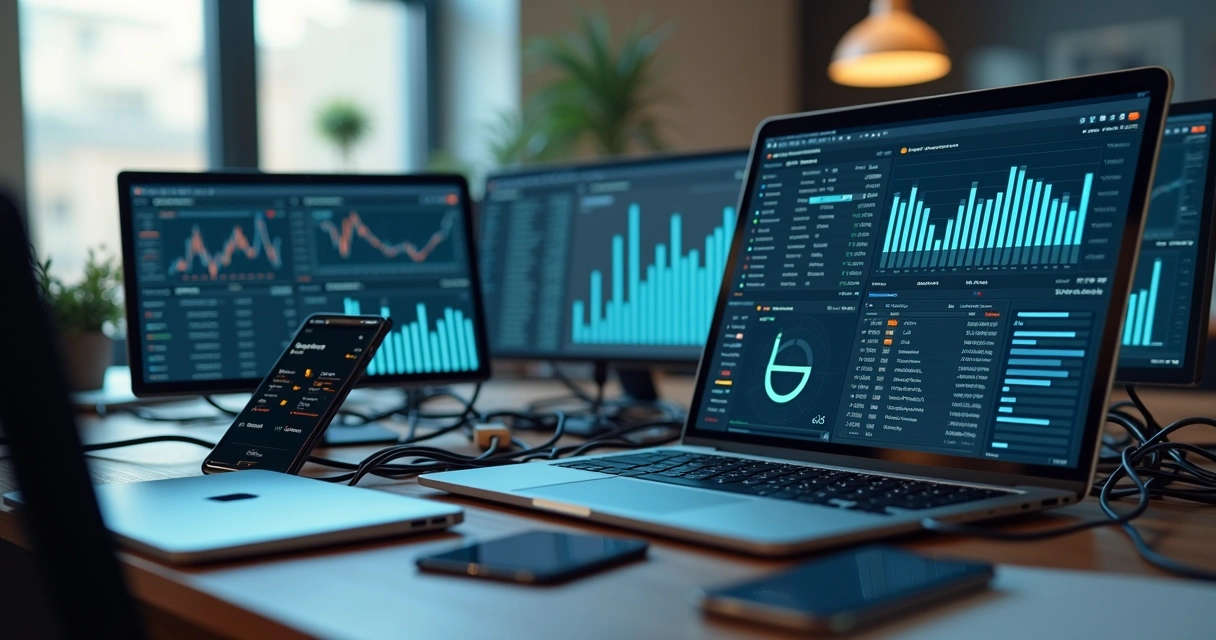 Mesa de escritório com múltiplos dispositivos exibindo diferentes sistemas financeiros e apps de comunicação, representando stack fragmentado 