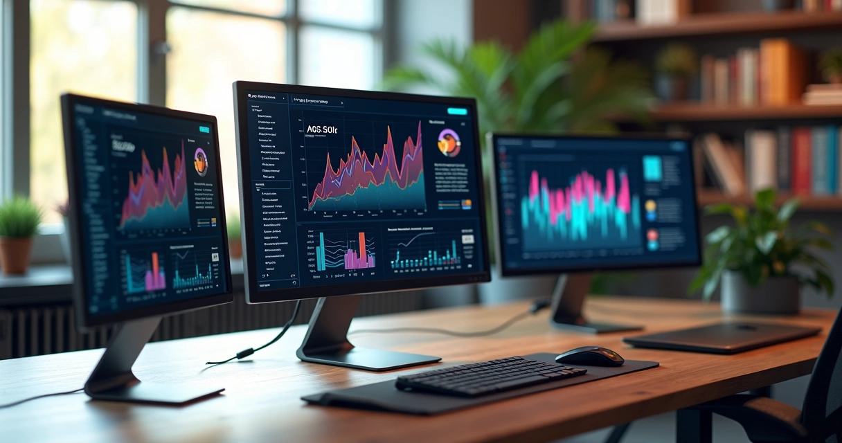 Computadores e dispositivos em mesa de trabalho com telas mostrando dashboards de dados e gráficos de vendas 