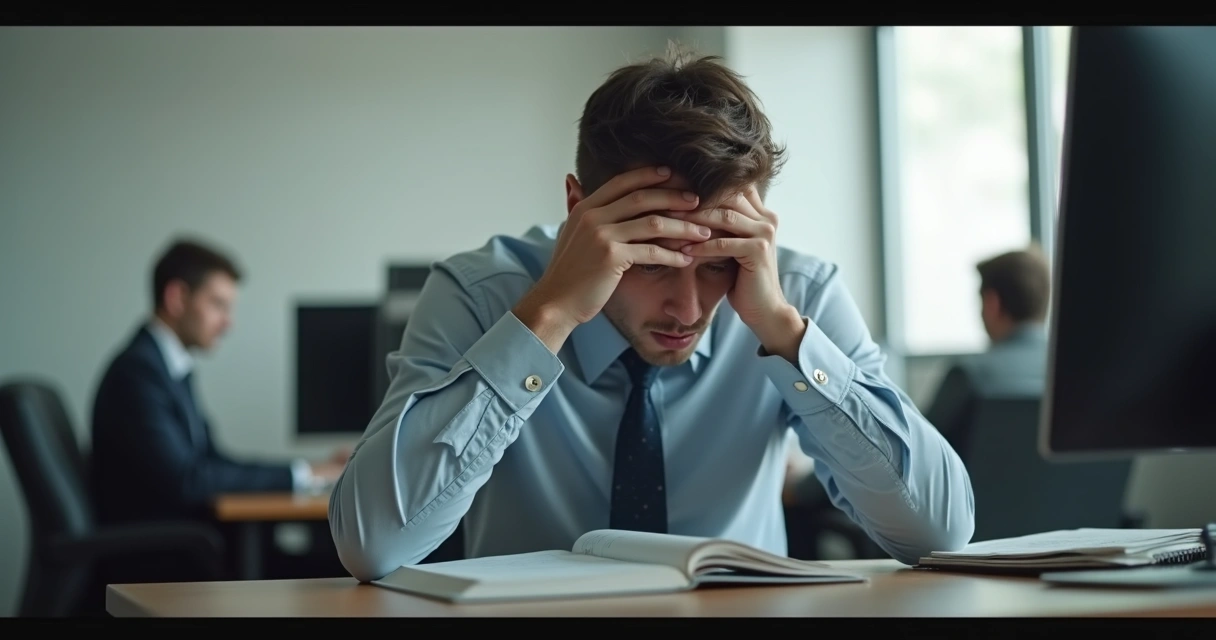 Office worker sitting at desk looking down hiding emotions 