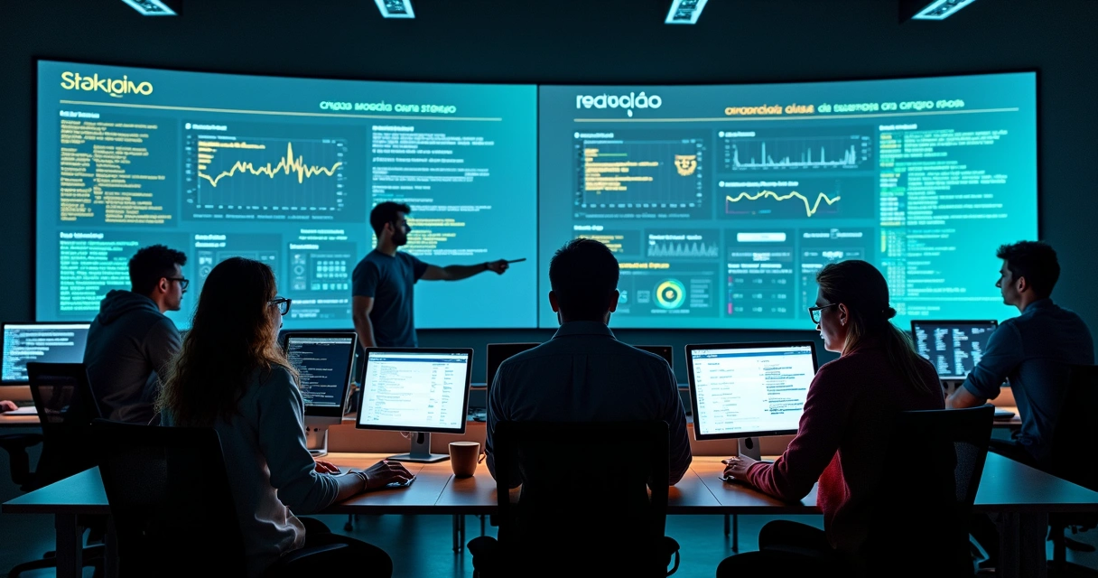 Tela grande mostrando ambiente de staging ao lado de produção com time de TI analisando diferenças 