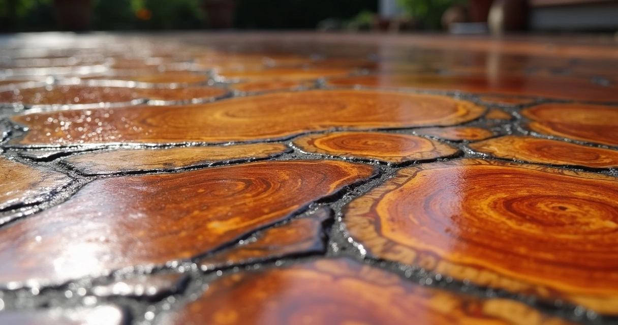 Close view of stained concrete patio with blend of terracotta and charcoal colors.