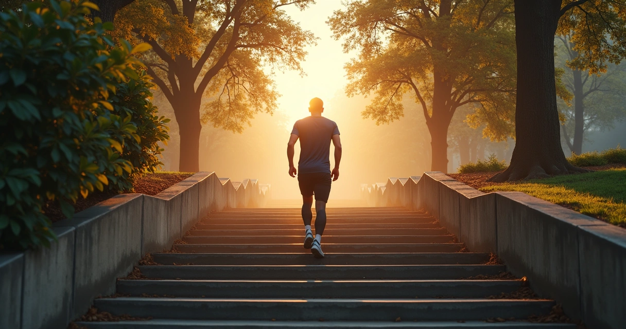 Person walking up outdoor stairs at sunrise 