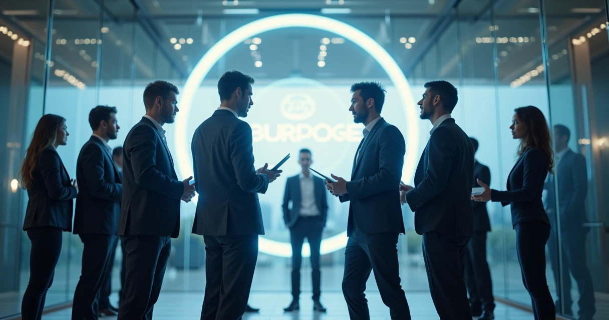 Business leaders and stakeholders positioned around a central purpose symbol in an office