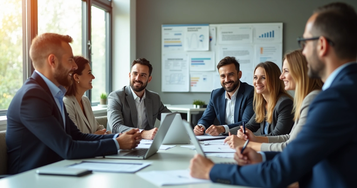Team of diverse professionals around a table in a sunny conference room, engaged in open discussion