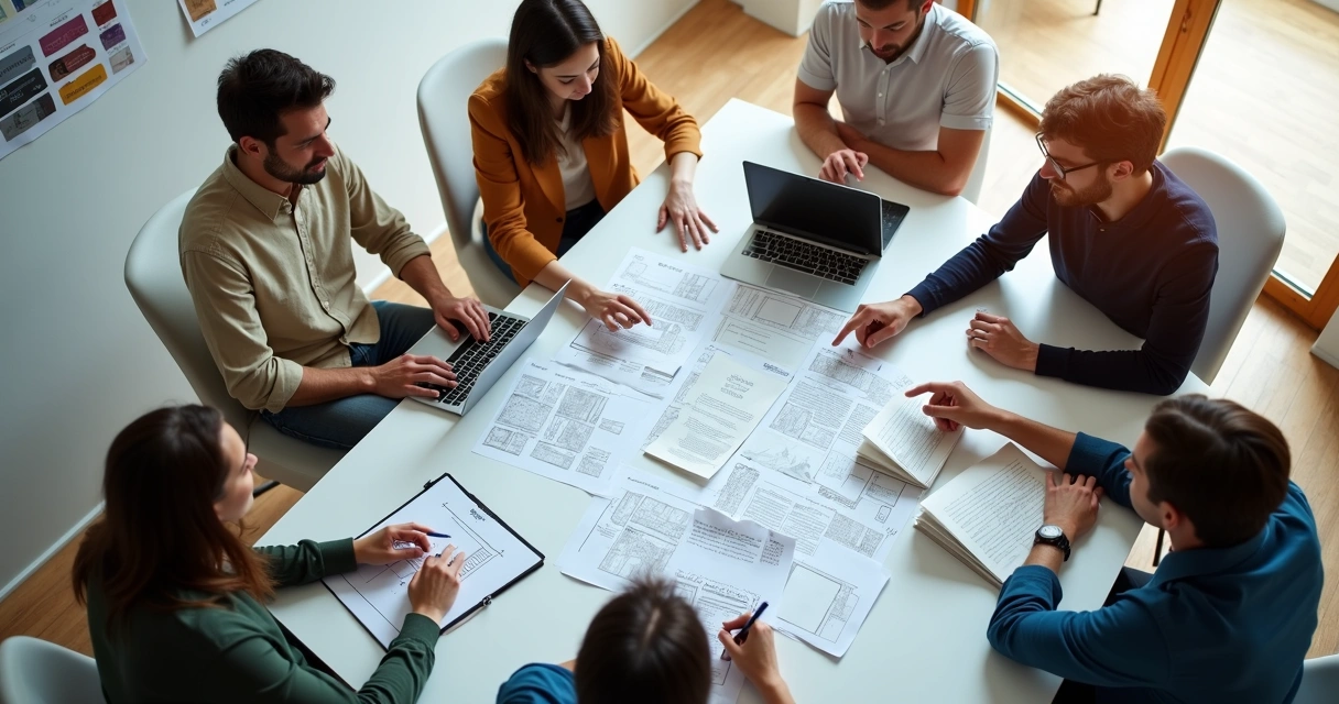 Team discussion around table reviewing website redesign plans