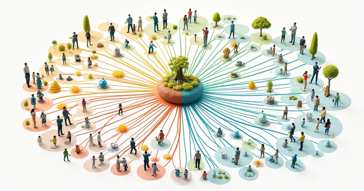 Colorful diagram displaying interconnected stakeholders with lines linking individuals, organizations, and environment 