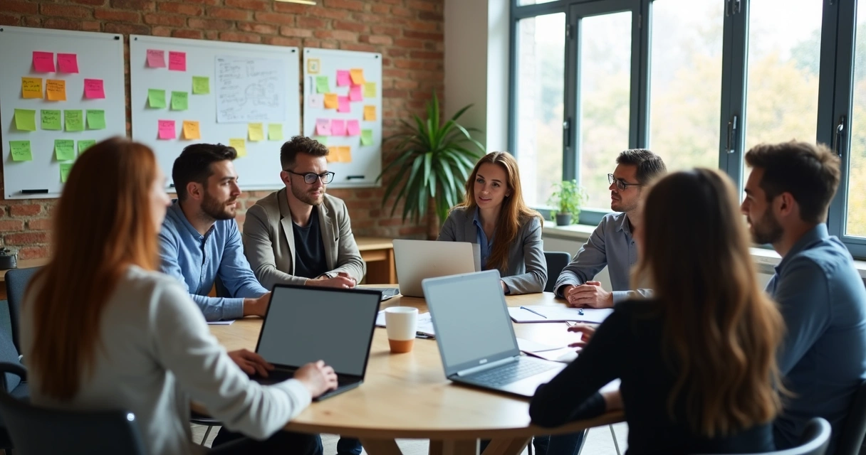 Diversos profissionais em roda compartilhando ideias em brainstorm 