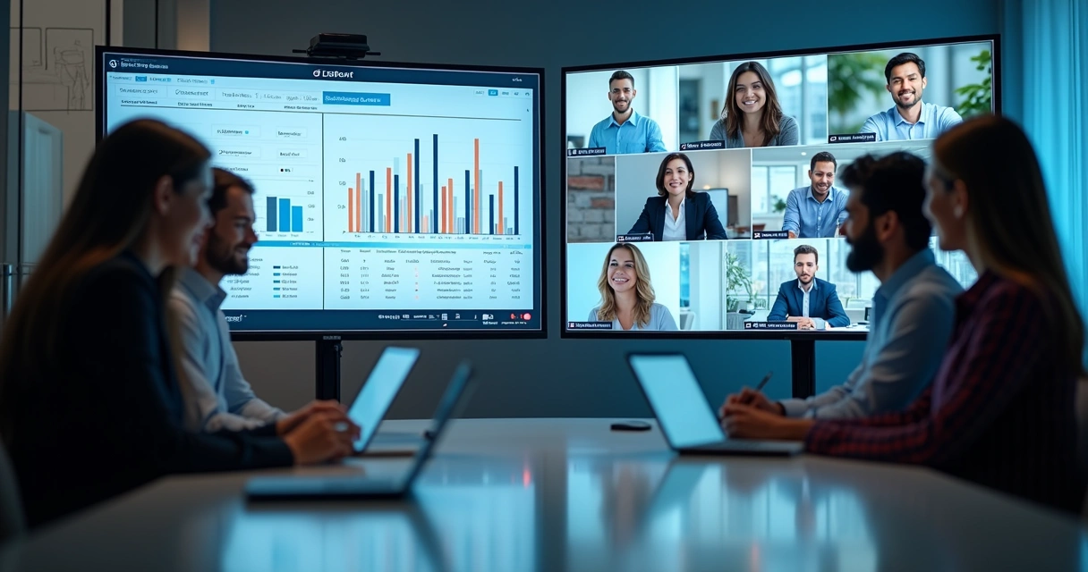 Sala de reunião digital com pessoas conectadas em telas de computador e gráficos de vendas