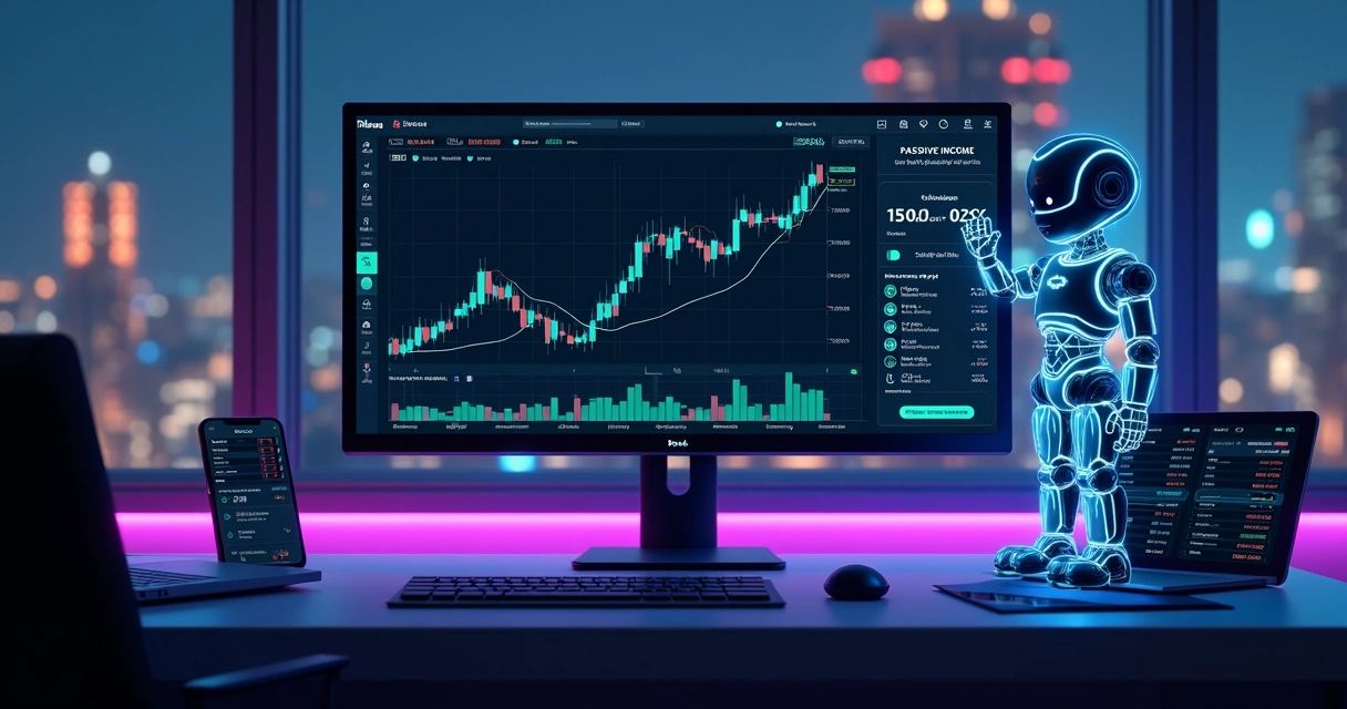 Tela de computador com gráfico de criptomoedas e robô monitorando moedas em staking 